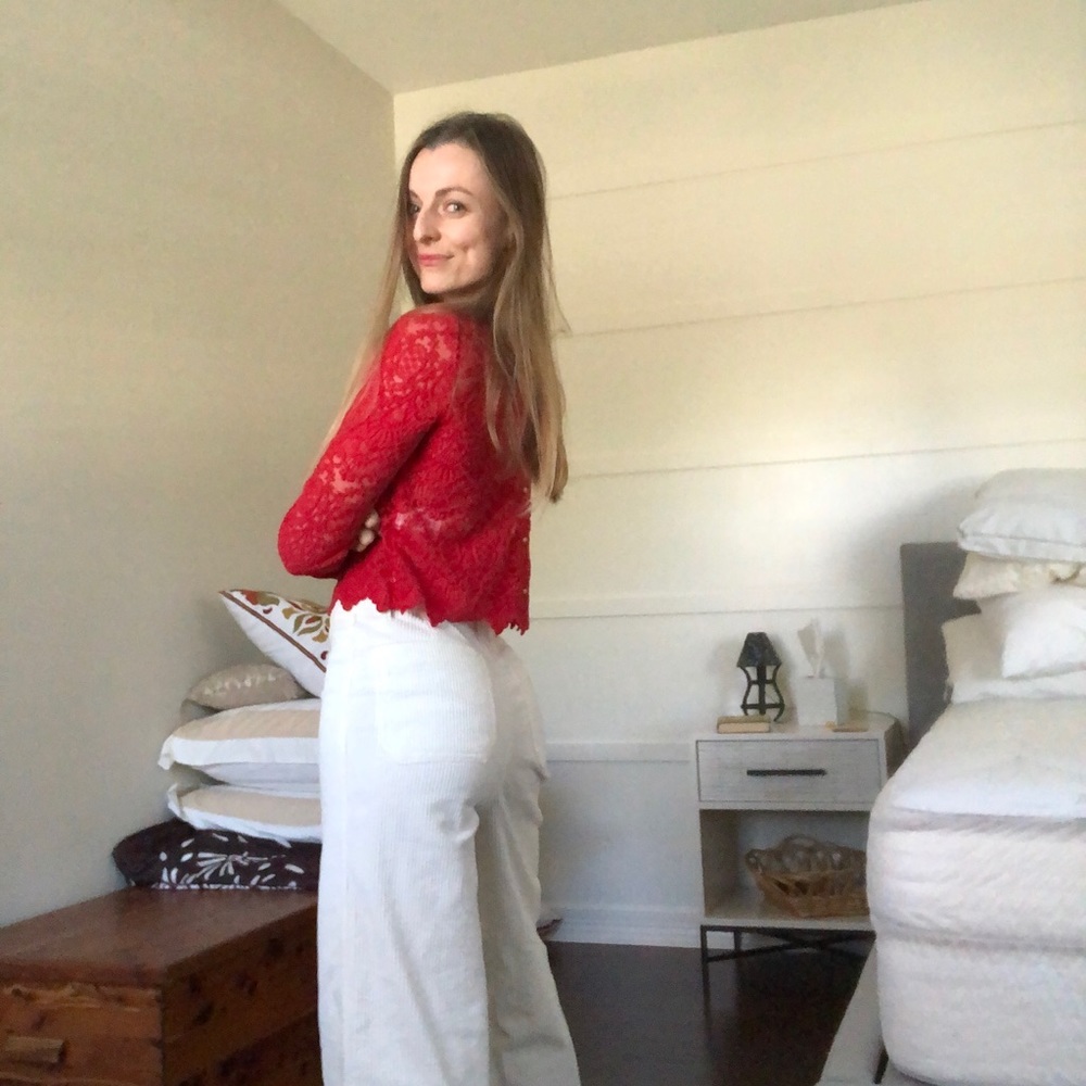 Red Sezane embroidered long sleeve crop.